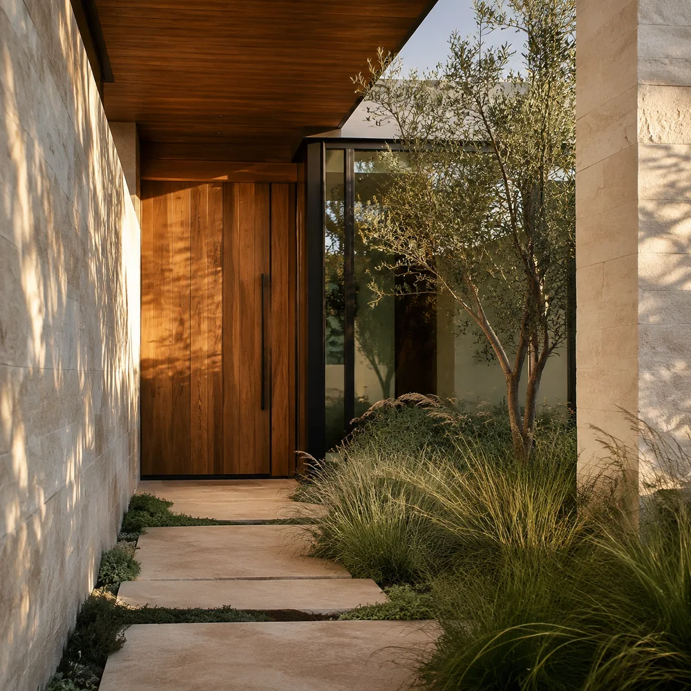 Natural light falling across a limestone entrance courtyard and timber front door