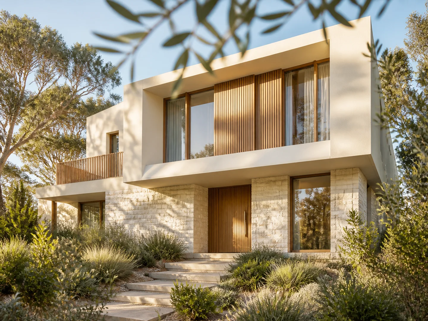 A contemporary limestone and timber home surrounded by a sunlit Australian garden